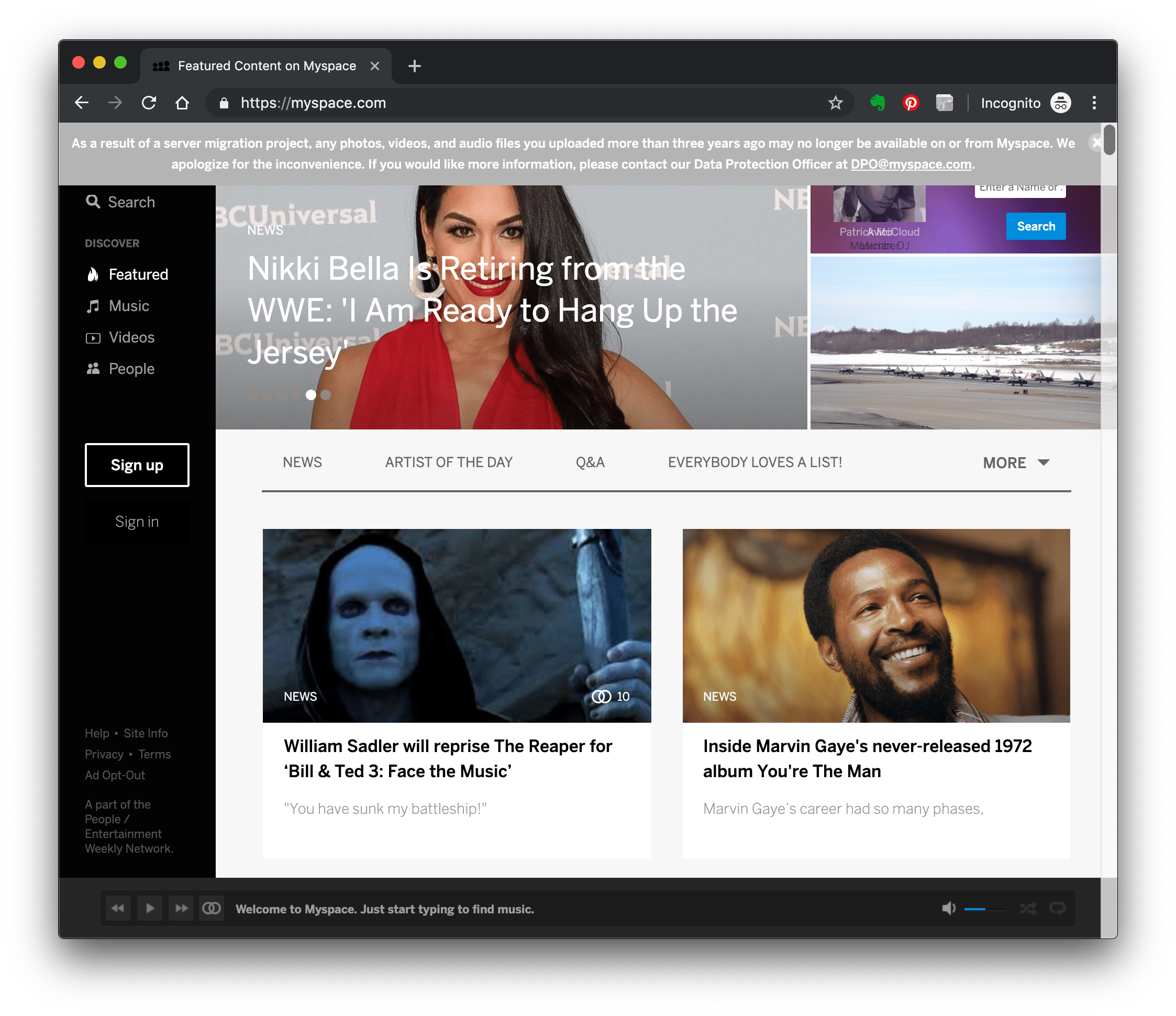 Myspace homepage as of 27th of March 2019